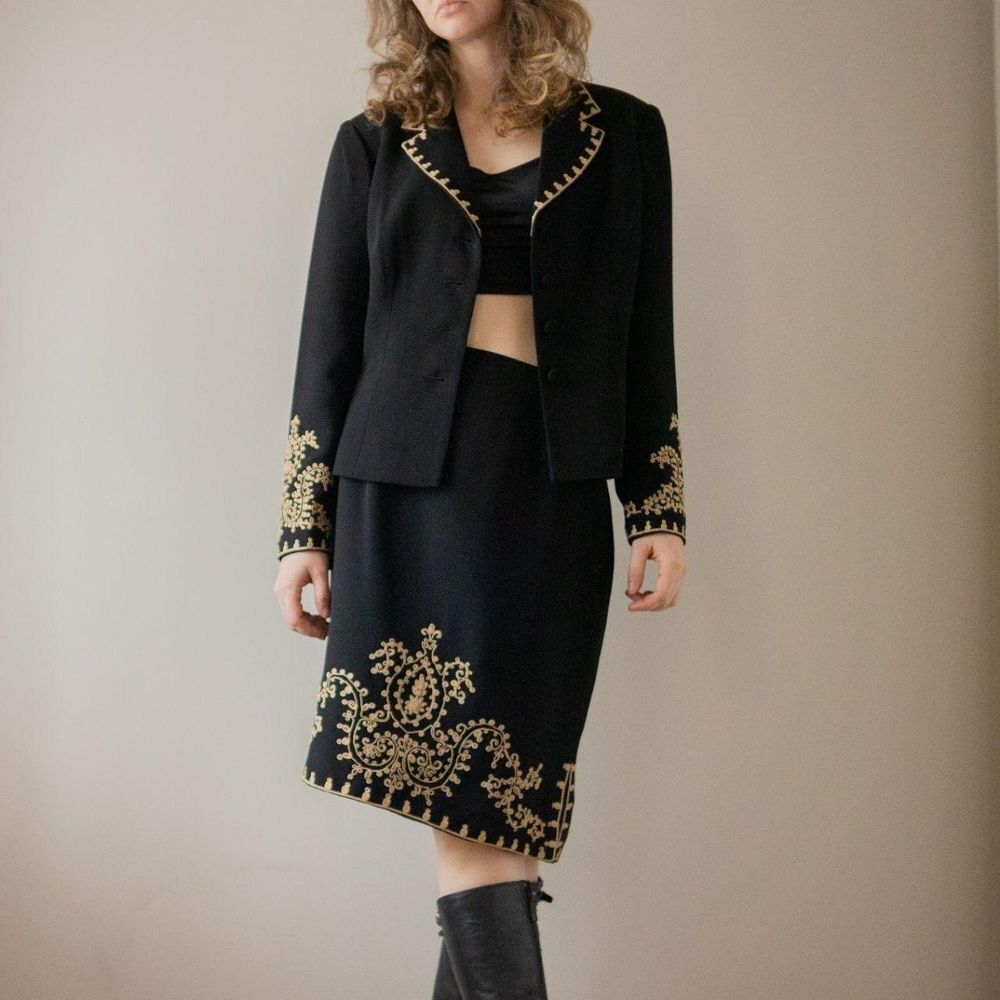Maggy London Black Regal Art Deco Retro Luxe Evening Blazer Suit Jacket Skirt